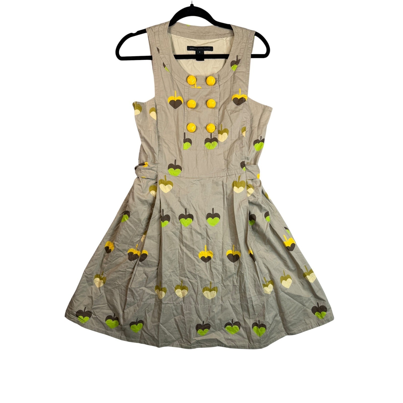 Marc by Marc Jacobs Heart Print Button Front Cotton Dress Tan Green Yellow Sz 8