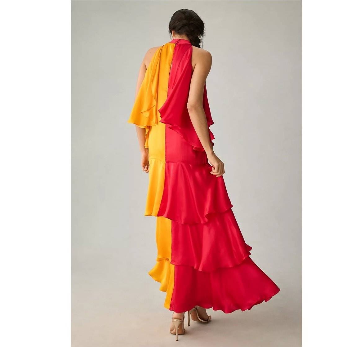 New Anthropologie x Pinnacle Mock-Neck Colorblock Ruffle Dress $248 Pink Yellow