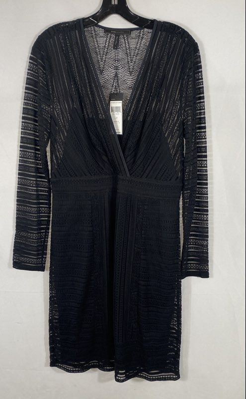 BCBGMAXAZRIA Women’s Black Lace Geometric Long Sleeve V-Neck Dress NWT Sz M