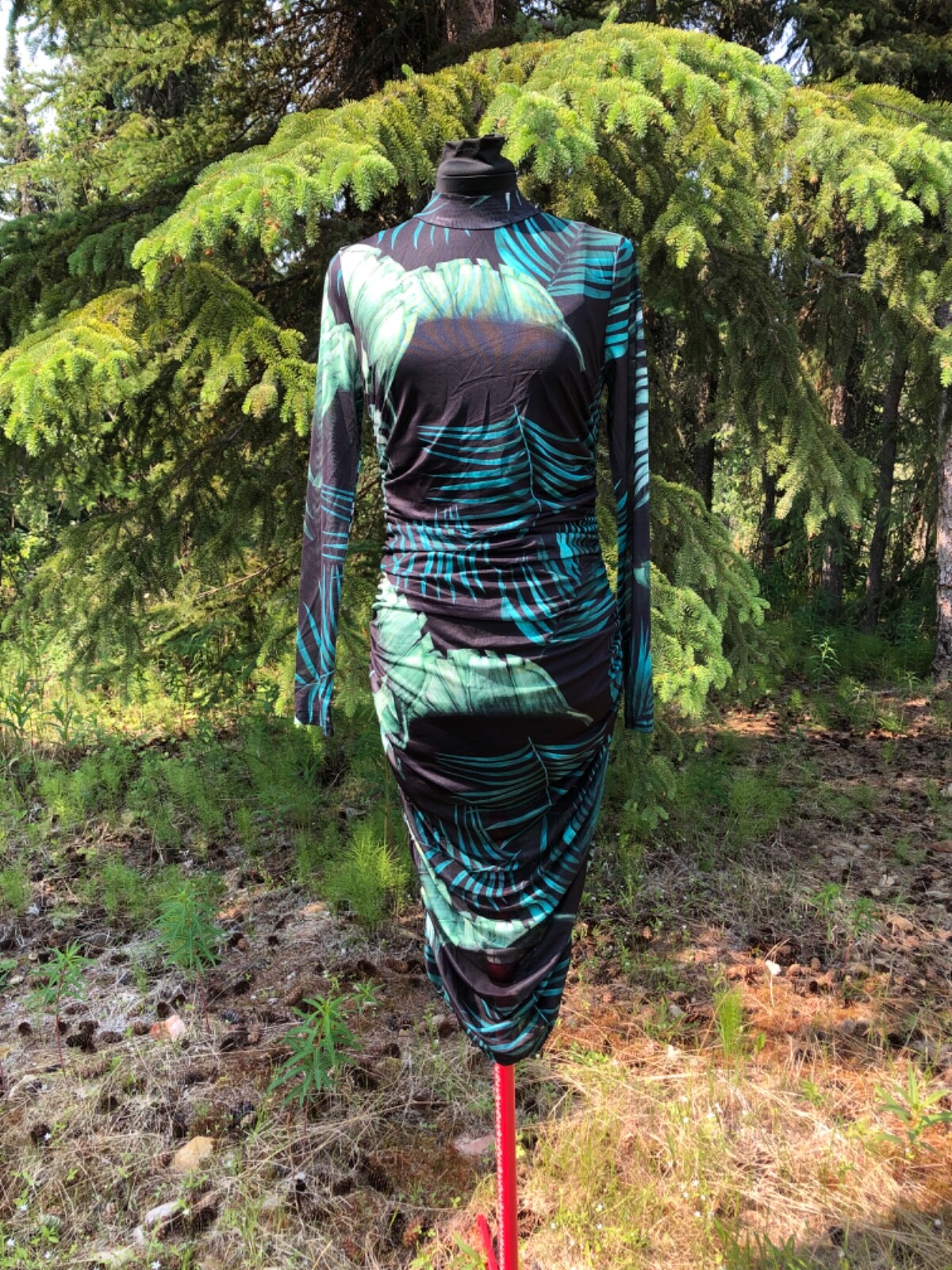 NEW Green Palm On Black High Stretch Mesh Clubwear Midi Dress Long Sleeve Size M