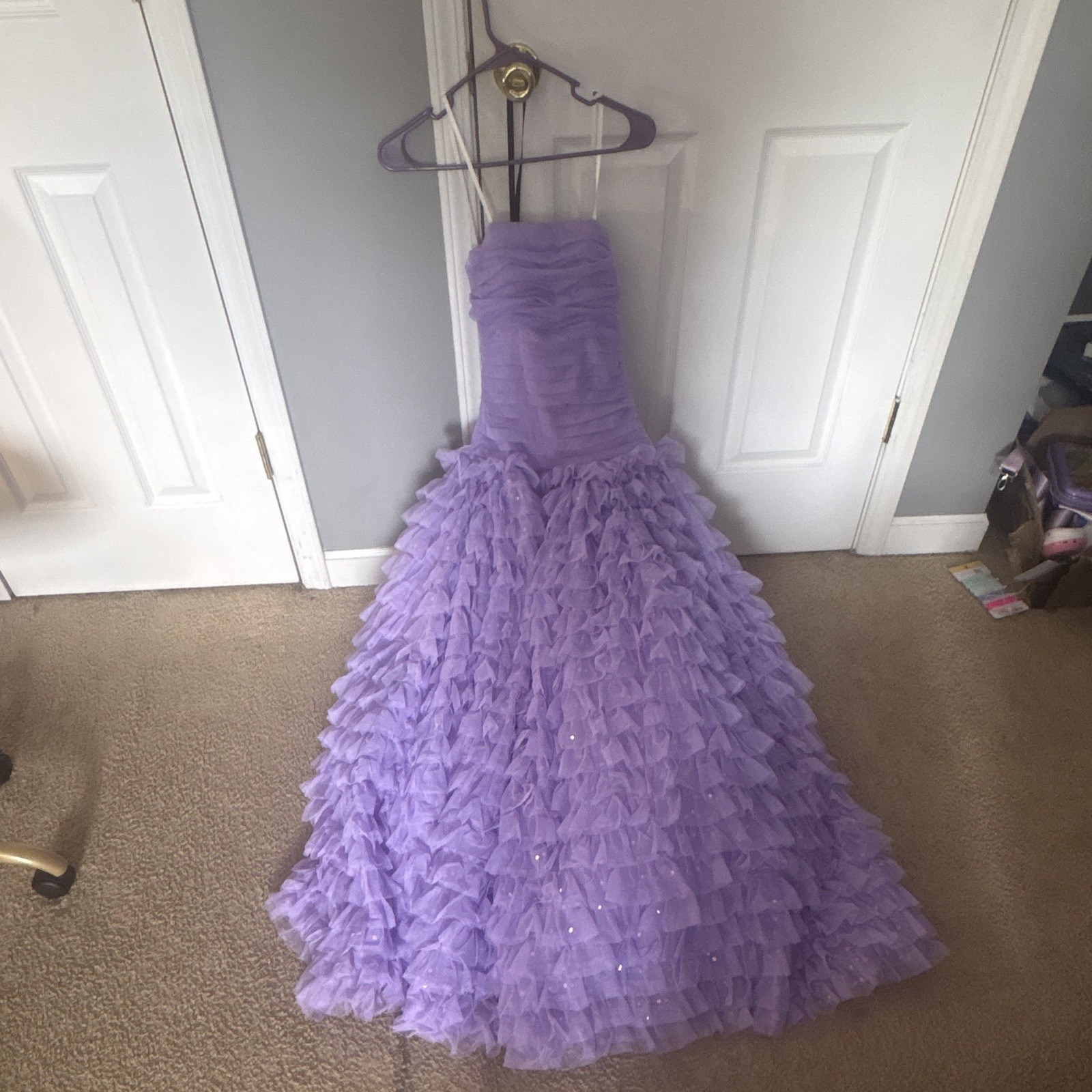 Purple Strapless Sweetheart Tulle Ruffle Long Ballgown Prom Dress Women Size 5