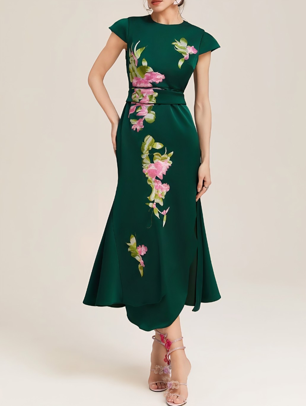 Women’s A-Line Dress Dark Green Embroidery Satin Crew Neck Cap Sleeve Size 2