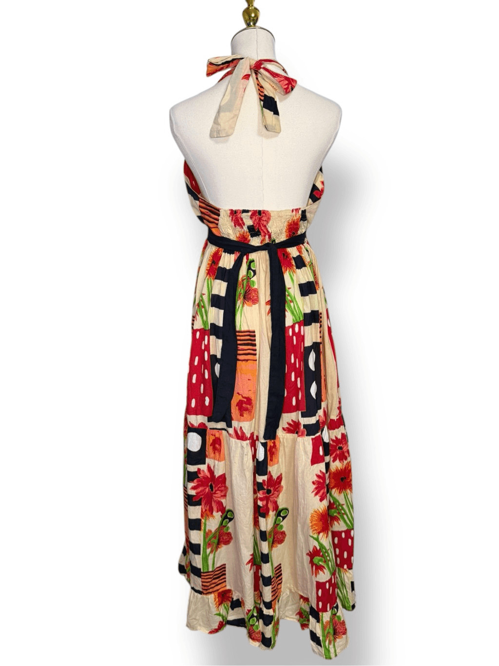 Advance Apparels Women’s XL Floral Midi Dress Halter Tiered Geometric Patchwork