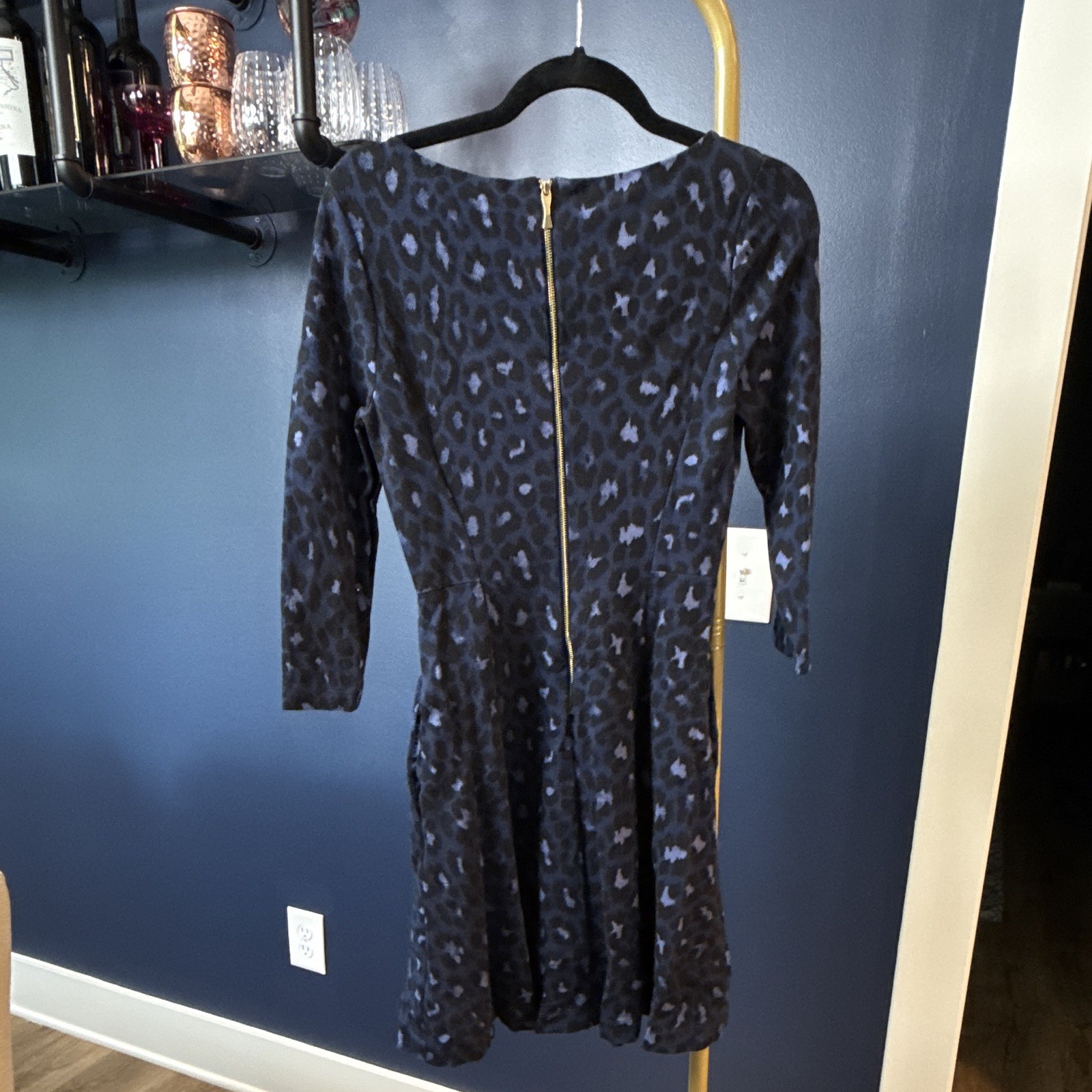 kate spade new york 2 Blue Black Leopard Fit & Flare Dress Round Neck Zip