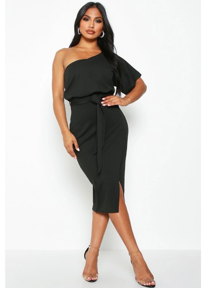 boohoo one shoulder wrap midi dress UK 8 womens black belted evening party