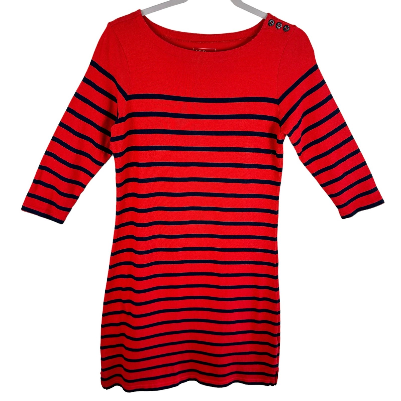 L.L. Bean 100% Cotton Red Navy Blue 3/4 Sleeve Tight Knit Sweater Dress Size S