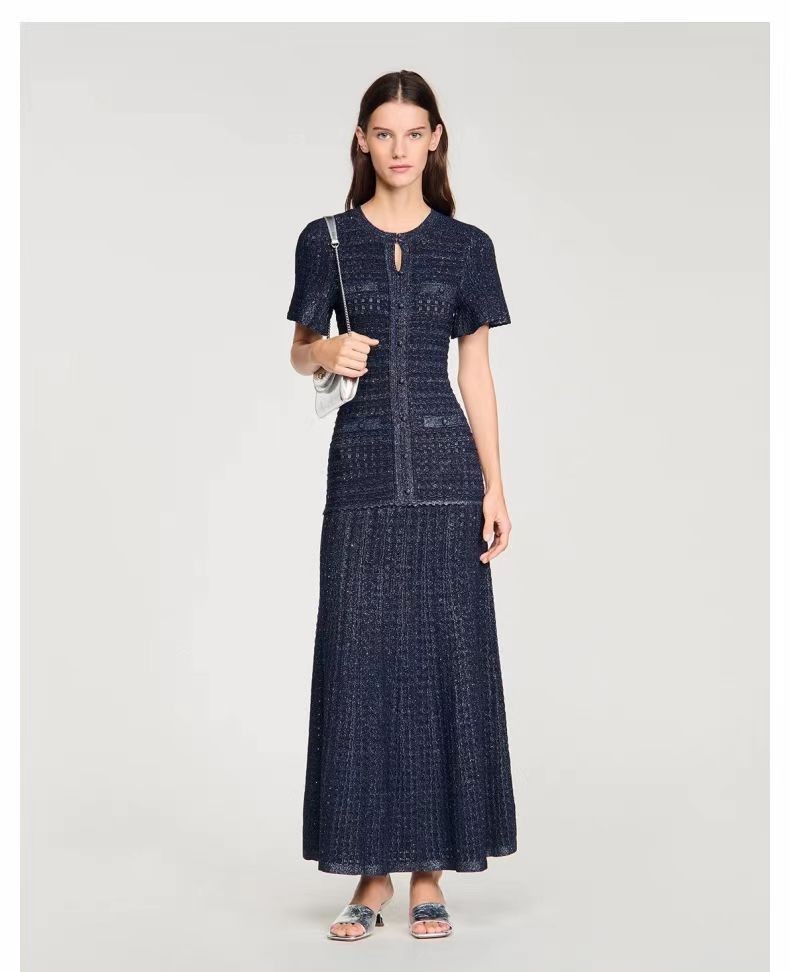 Sandro Lustrous fabric Puff sleeves Multiple pockets Round-neck Dresses