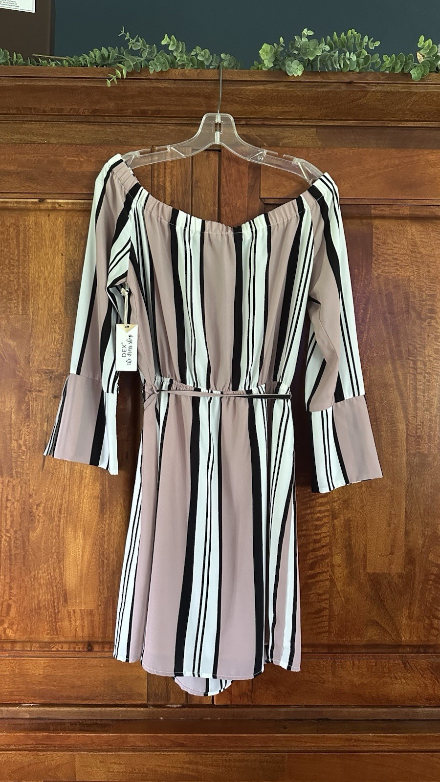 DEX Striped Off Shoulder A-Line Short Dress L Belted Tie Waist Pink Black