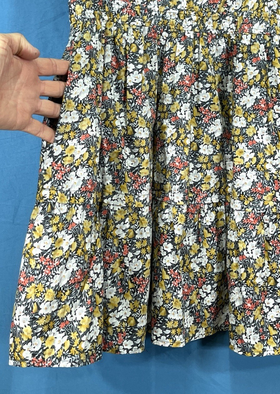 ENTRO Colorful FLORAL Twill HOOK/EYE Deep-V STRETCH WAIST Blouson A-Line Dress M