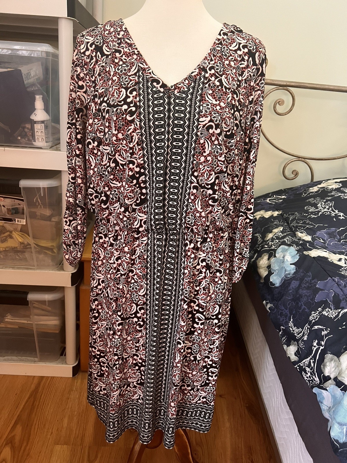 ROZ & ALI Women’s Multicolored Large 3/4 Roll Tab Sleeve with Button Dress