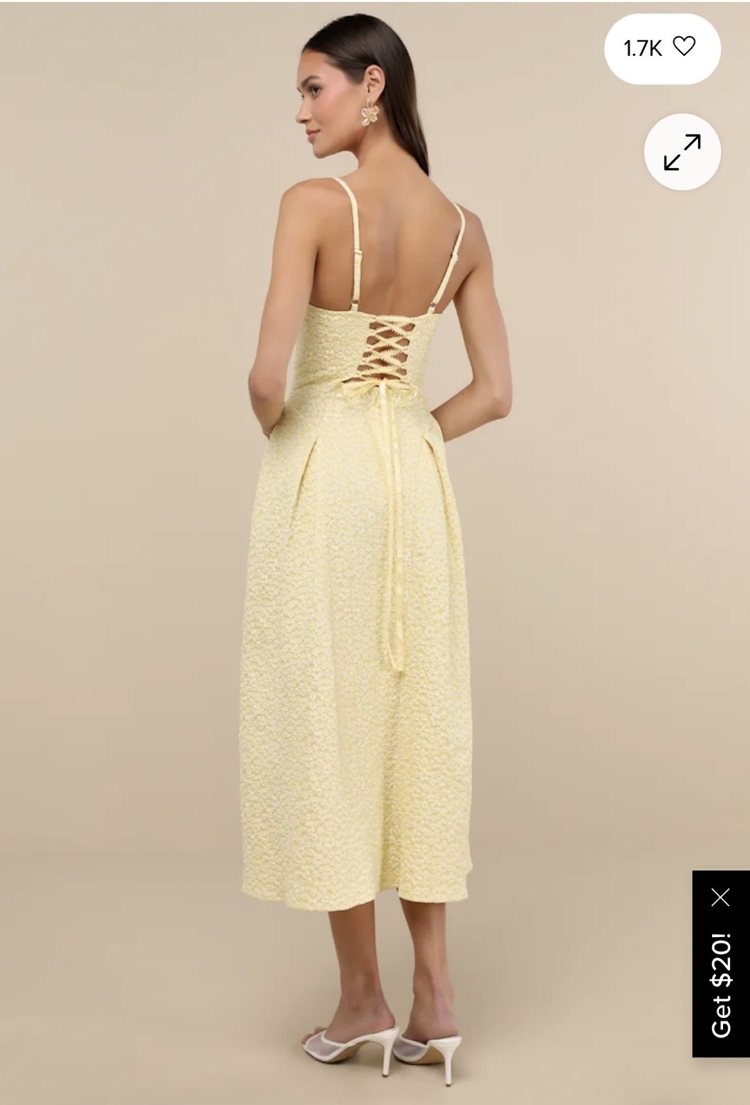 Lulus Ninetta Yellow Jacquard V-Neck Lace-Up Back Midi Dress Spaghetti Strap M