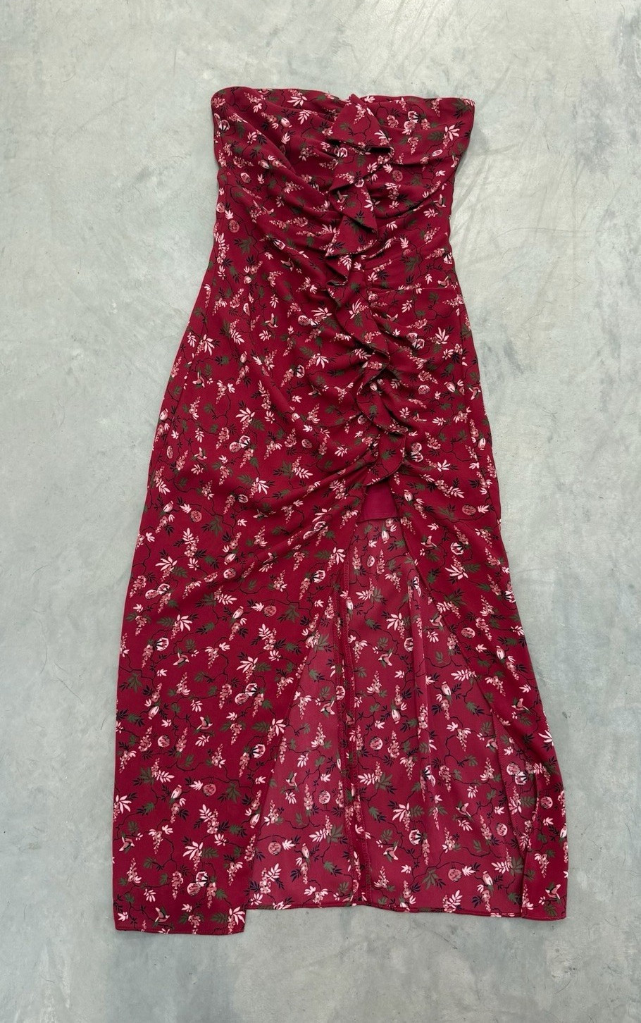 Likely Strapless Floral Ruffle Midi Dress Women Size 0 Red High Slit Cocktail