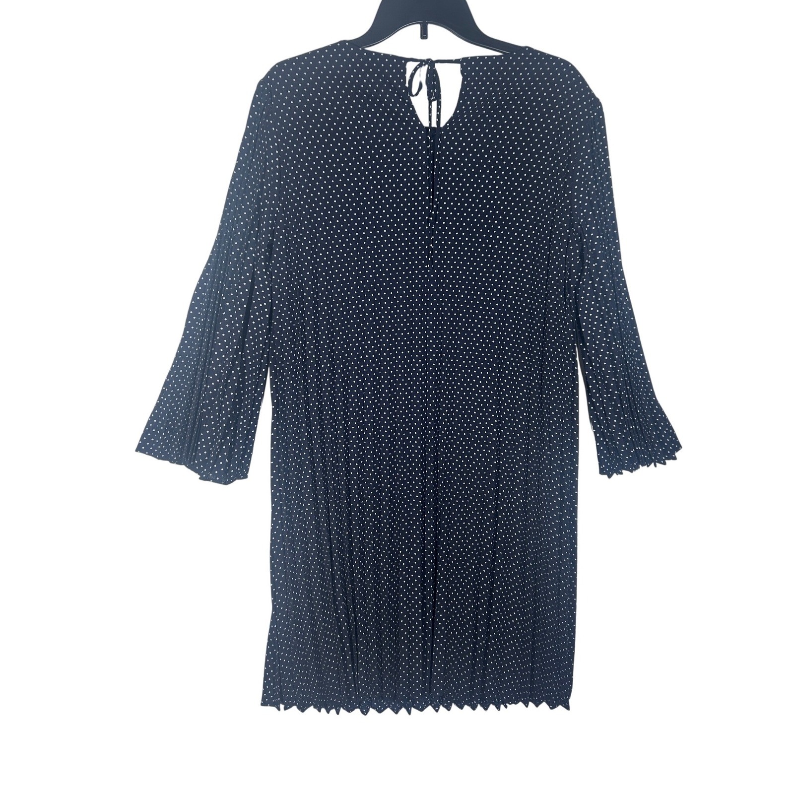 Studio One New York Polka Dot Dress Navy Blue LS Tie Neck Pleated Hem Large New