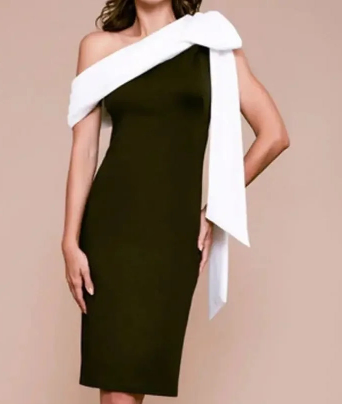 Tadashi Shoji Rigel Scuba White Bow Black Dress s.L Draping Off The Shoulder NEW