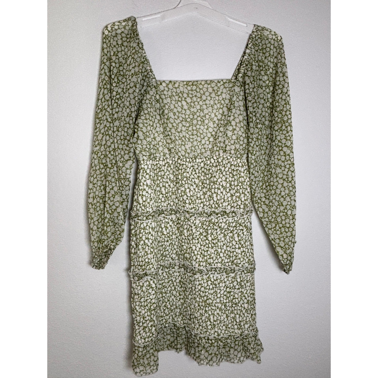 Sim & Sam Green White Floral Smocked Tiered Mini Dress Square Neck Small