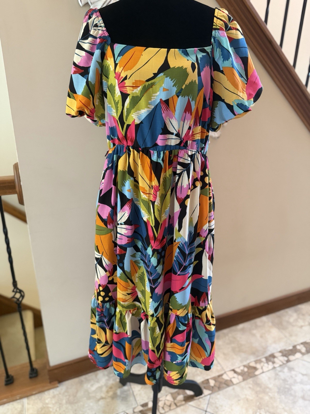 Maia Dress Multicolor Floral Midi A-Line Square Neck Smocked Puff Sleeve 8
