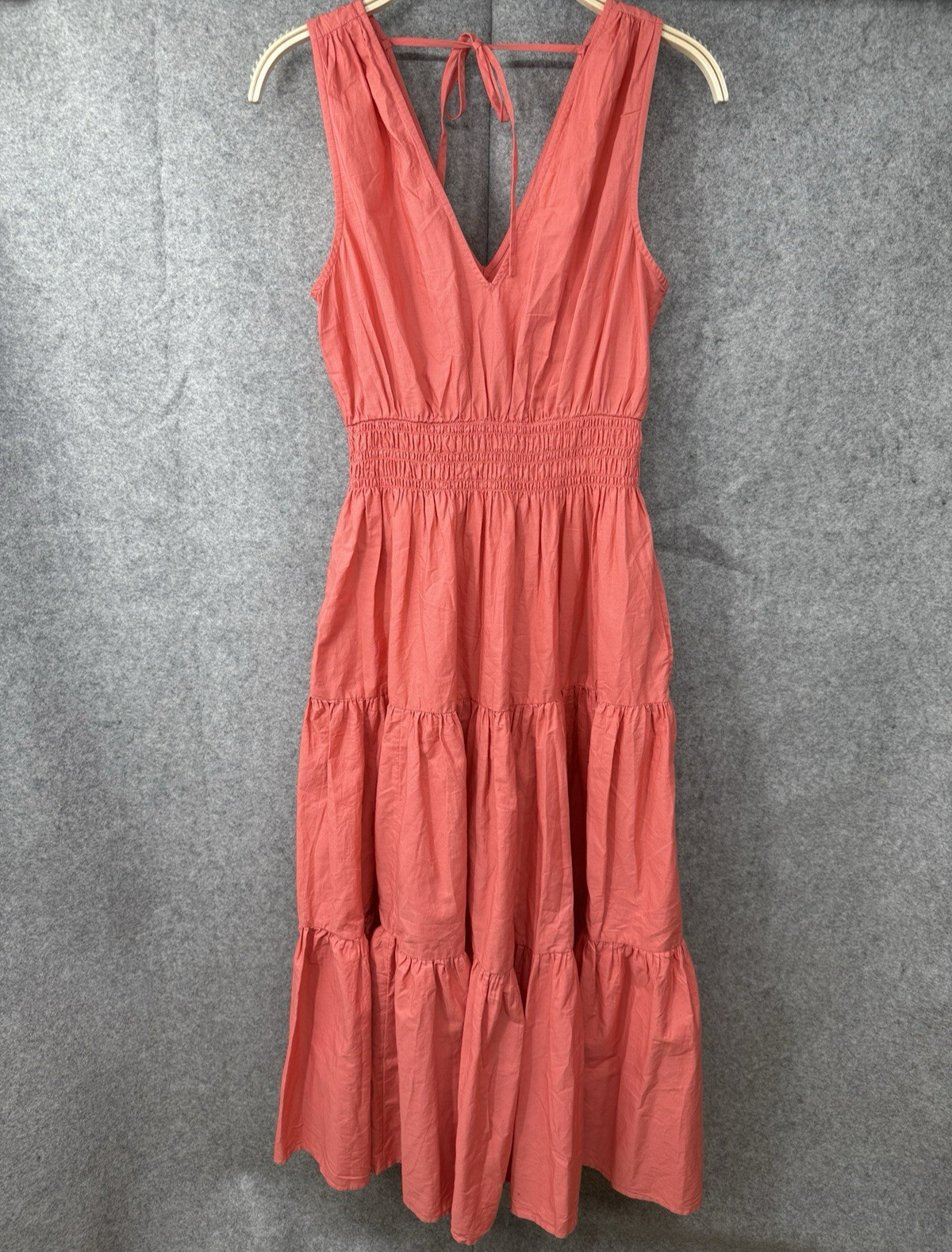 Anthropologie Maeve Tiered Midi Sleeveless Dress Coral Pink Orange Smocked 4