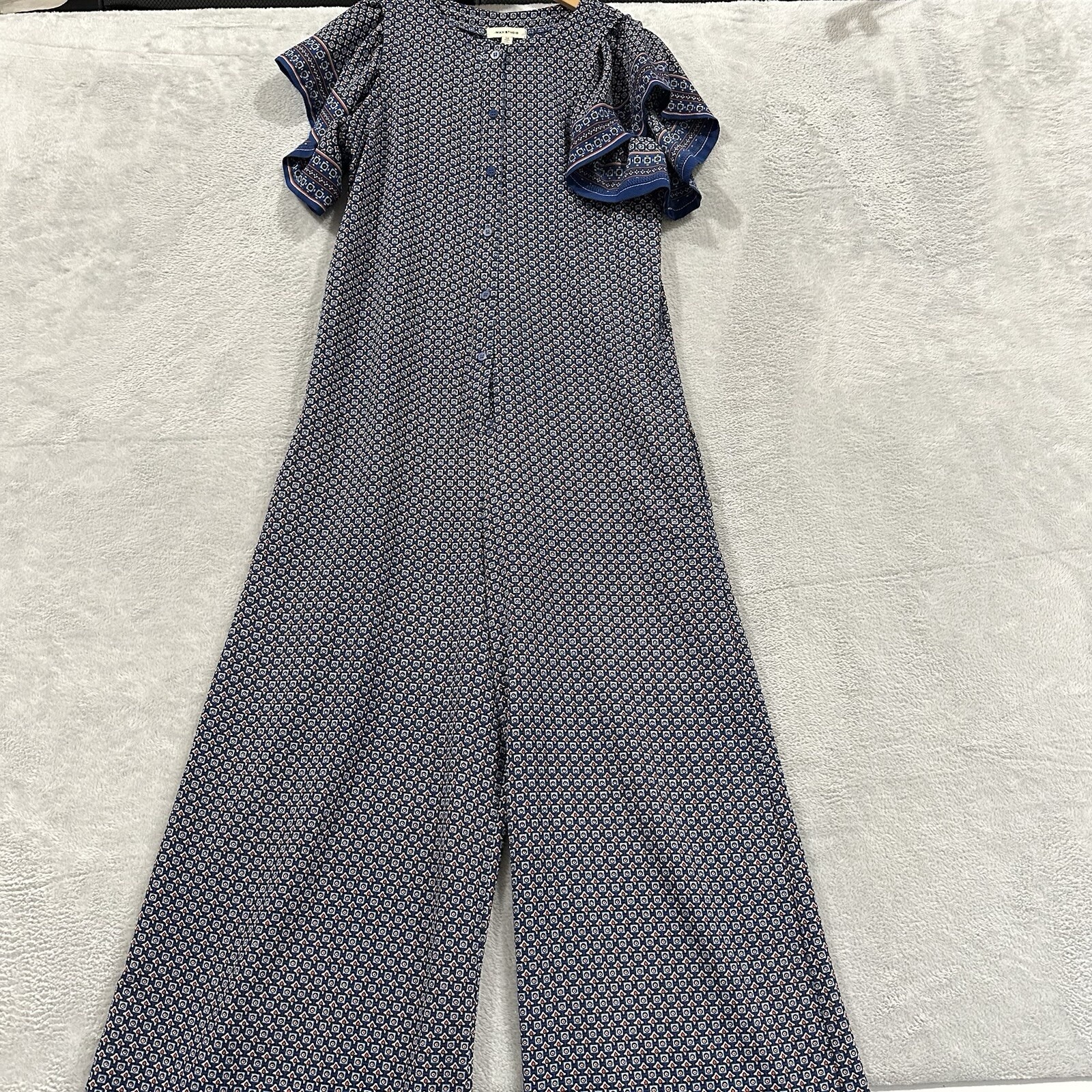 Max Studio Jumsuit Romper Women’s XS Geometric 1/4 Flutter Sleeve Blue Comfort