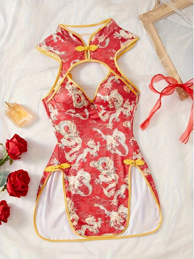 NEW Large Elegant Alluring Chinese Qipao Style. Brocade Fabric Bodycon Lingerie