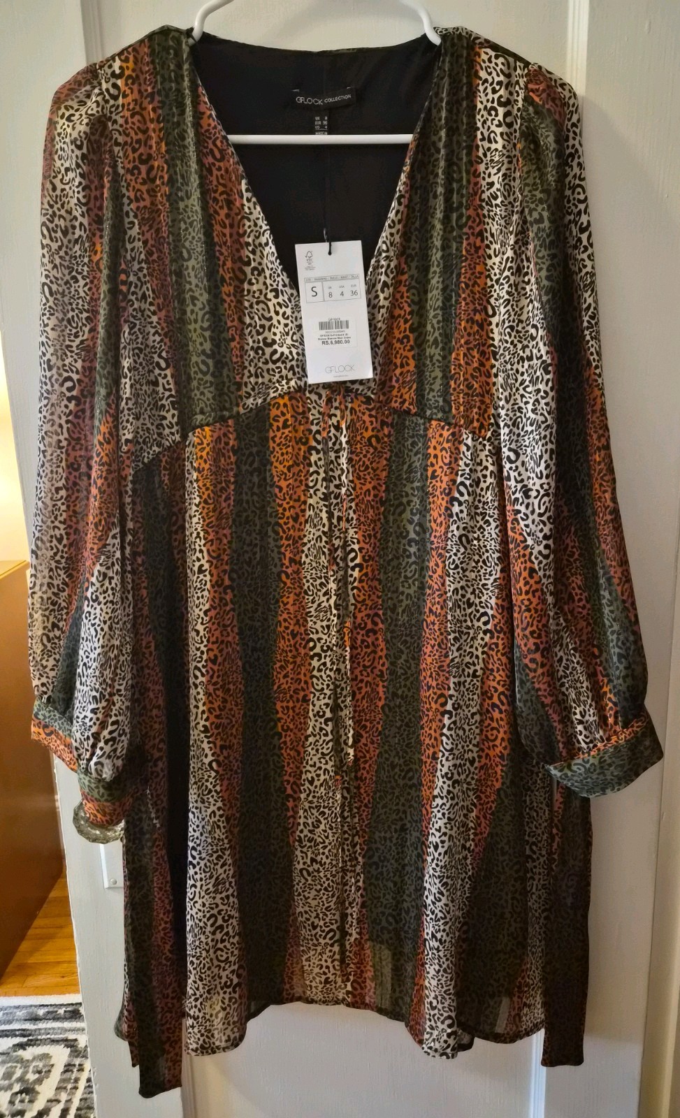Size Small GFlock Collection Leopard Print Long Sleeve Babydoll Party Dress NWT