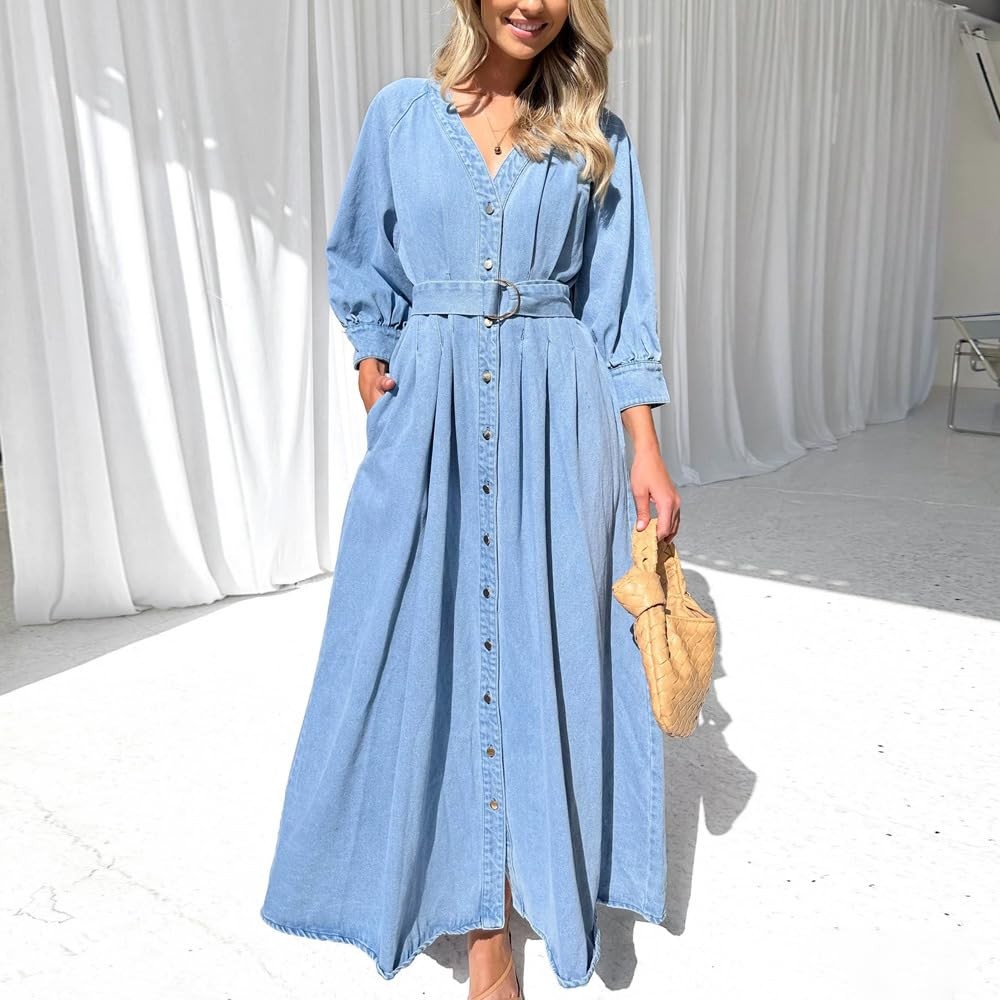 utcoco Womens 2025 Fall Winter Denim Shirt Dress V Neck 3/4 Long Sleeves Medium