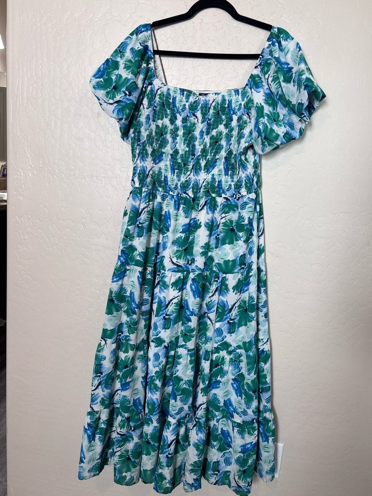 PrettyGarden Floral Smocked Midi Dress Womens Large Blue Green Puff Sleeve