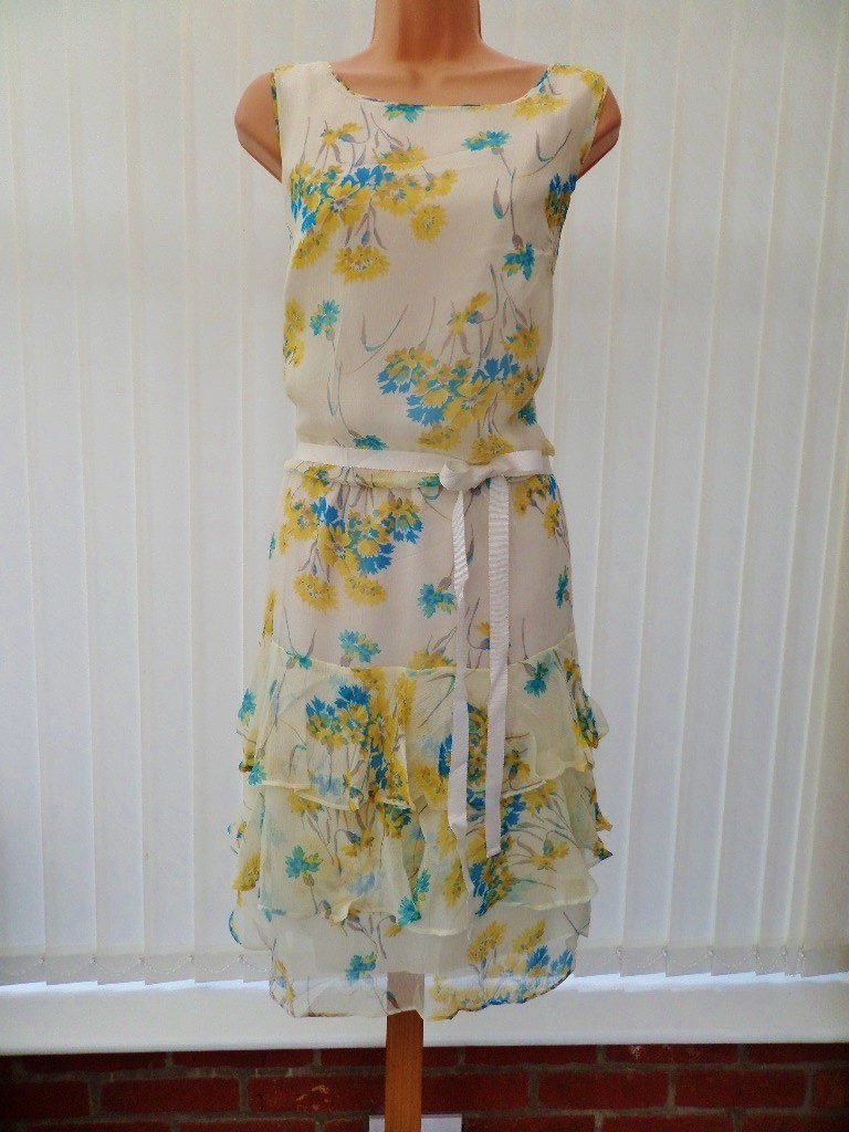 MONSOON WHITE BLUE YELLOW FLORAL SILK CHIFFON DROP WAIST 20’S RARA DRESS 12 BNWT