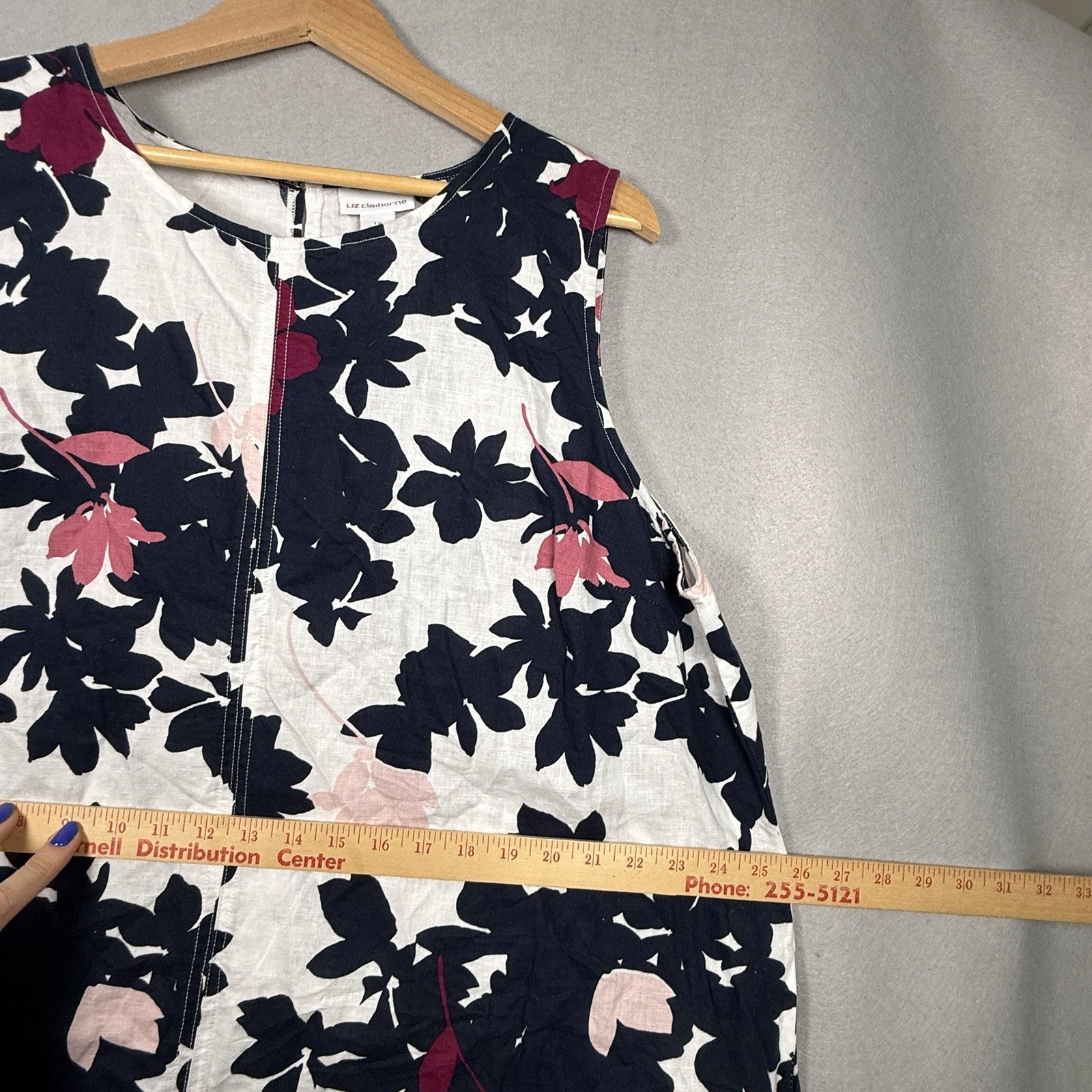Liz Claiborne Dress Floral Pink Blue Cotton Linen Blend Pockets Sz 1X
