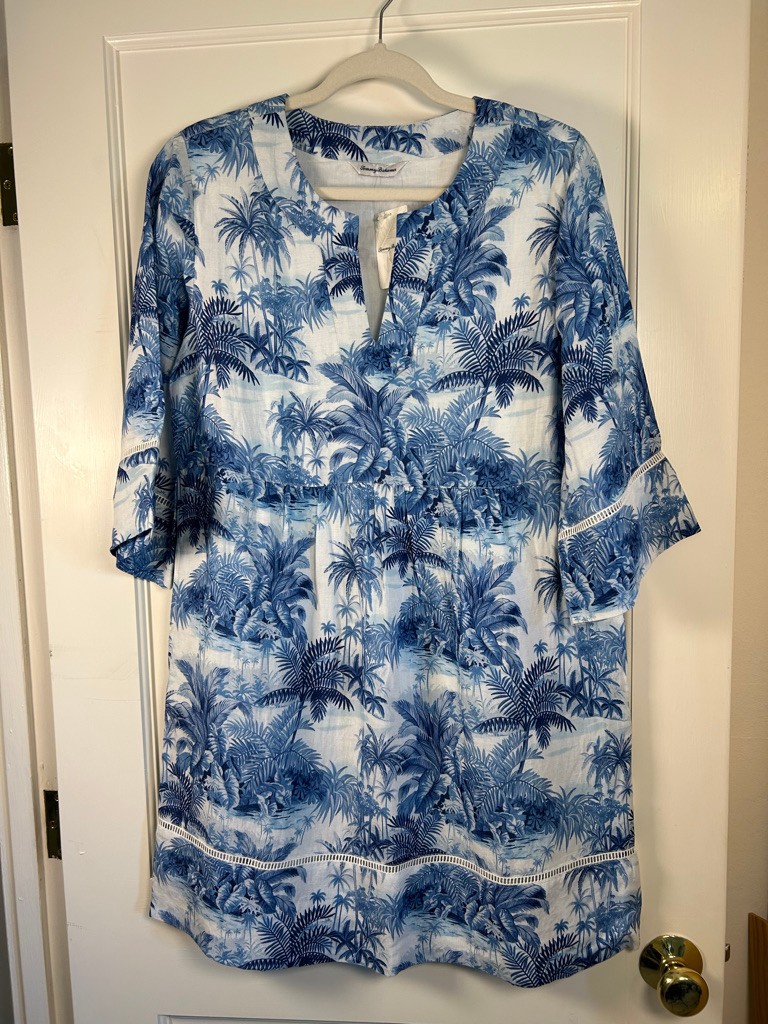 Tommy Bahama botanical breeze shift dress blue and white tropical linen size MED
