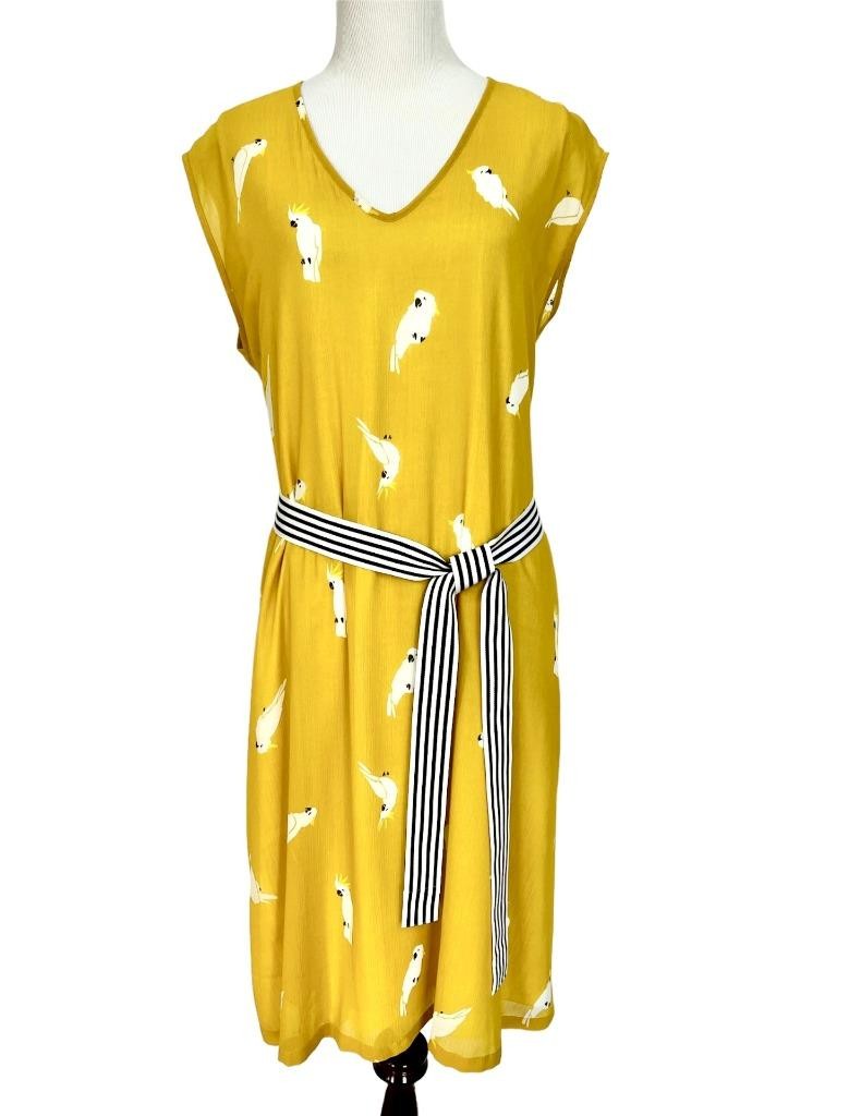 Cop Copine Parrot Dress US Sz 10 EU Sz 40 Yellow White Bird Sleeveless Lined NEW