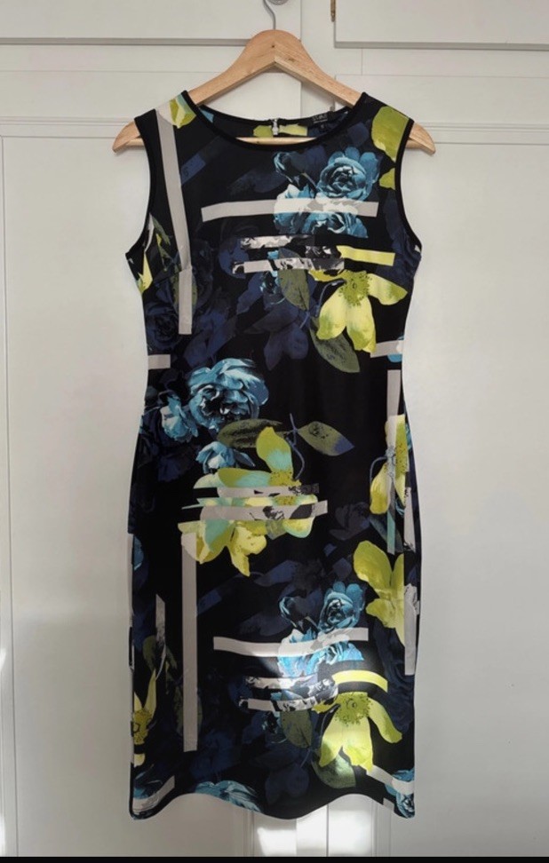 Julien Macdonald floral print sleeveless dress, black blue green floral size 12
