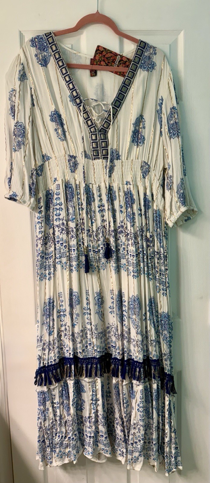 NWT Me 2 Magic 3x Plus Women’s Boho Dress Trendy Blue & White & Gold Stretchy
