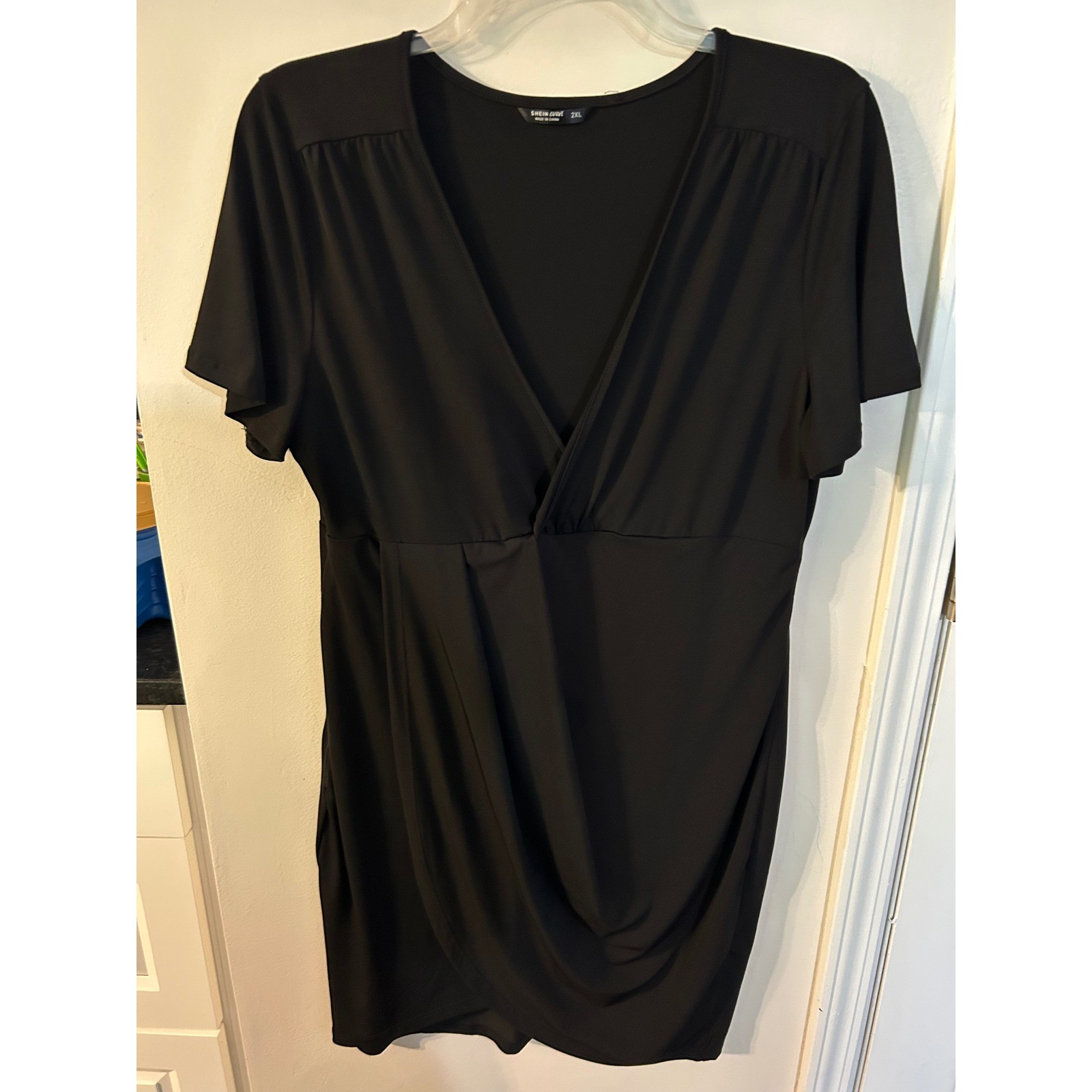 SHEIN CURVE Black V-Neck Faux Wrap Tulip Hem Dress 2XL Plus Size Short Sleeve