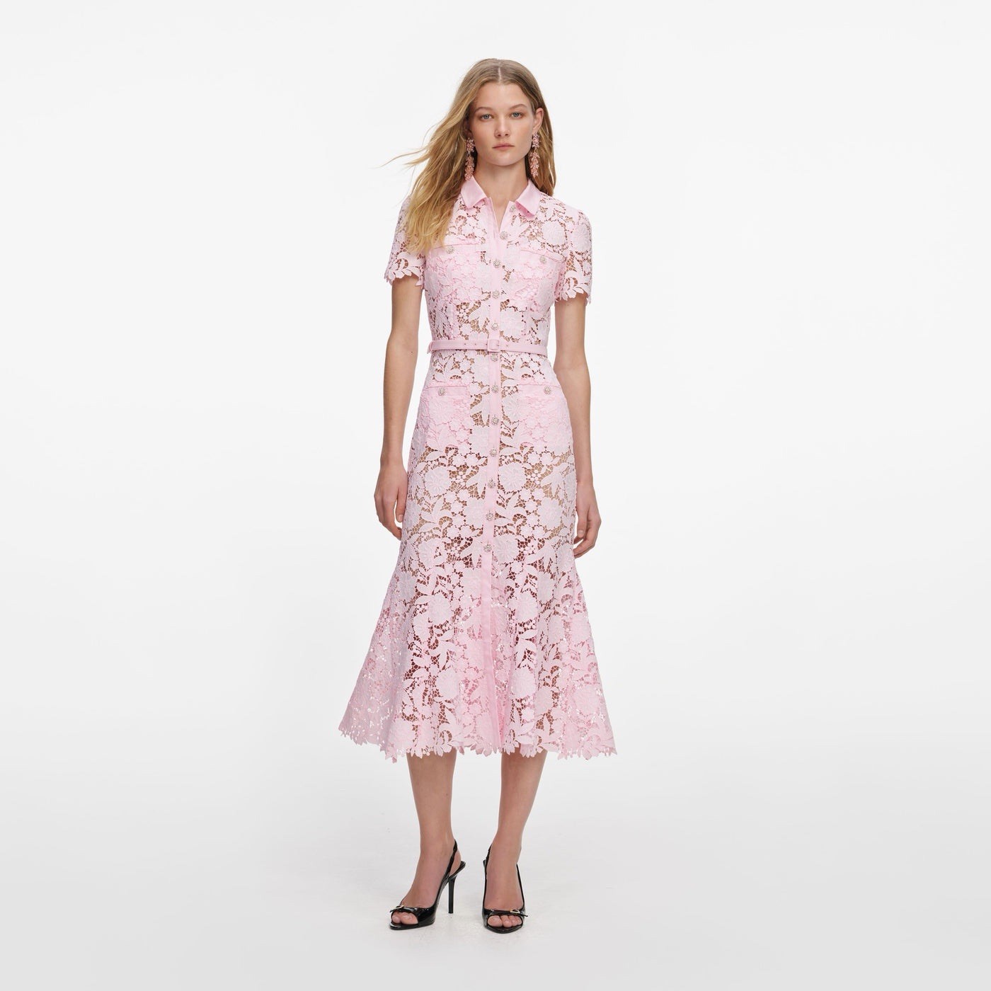 Self Portrait PINK LACE COLLARED MIDI DRESS