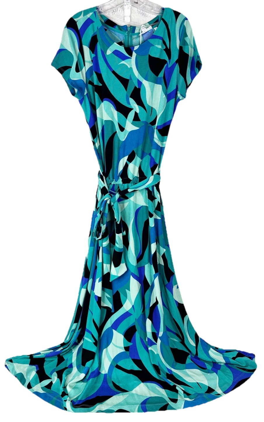 Chicos Travelers Sz 2 (12) Blue Green Cap Sleeve Dress Acetate Medium Weight NWT