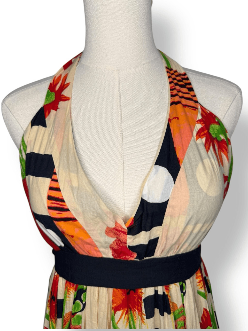 Advance Apparels Women’s XL Floral Midi Dress Halter Tiered Geometric Patchwork