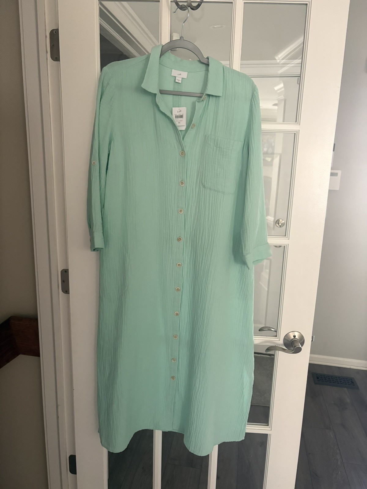 . Jill Mint Green Crinkle Seersucker Maxi Shirt Dress 3/4 Roll Tab Sleeve Sz M