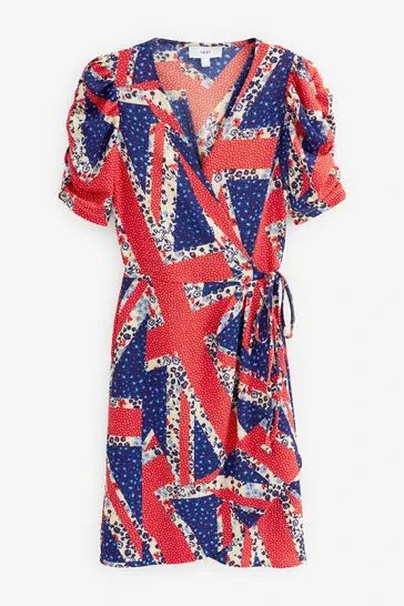 BNWT Next Union Jack Coronation Wrap Mini Tea Dress Puff Sleeves Patriotic UK 12