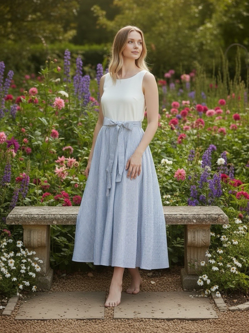 Cupshe Women’s Blue/White Striped Pleated A-Line Midi Dress, Size M Tie Waist