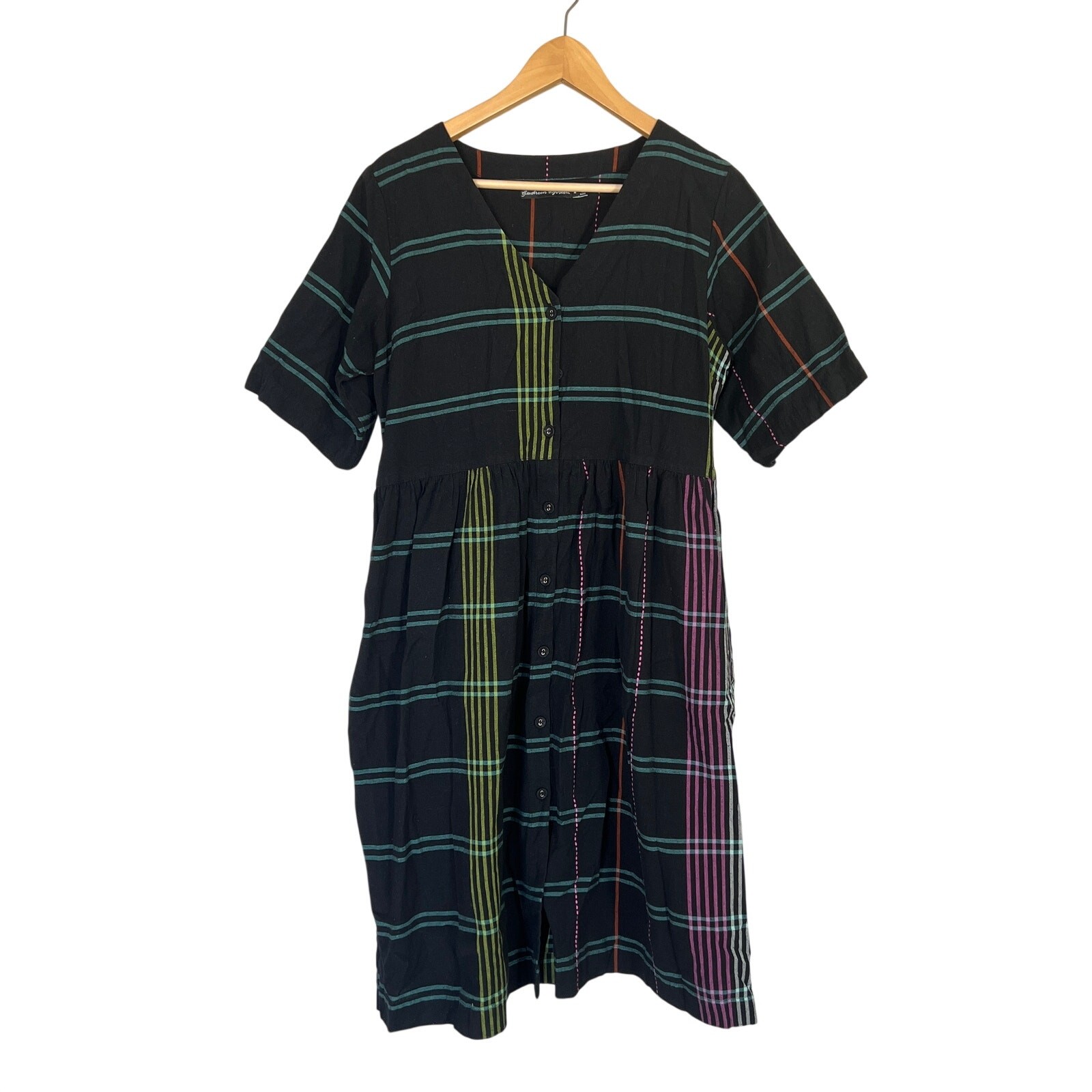 Gudrun Sjoden Dress Women’s M Black Blue Plaid Cotton Pockets Lagenlook Button