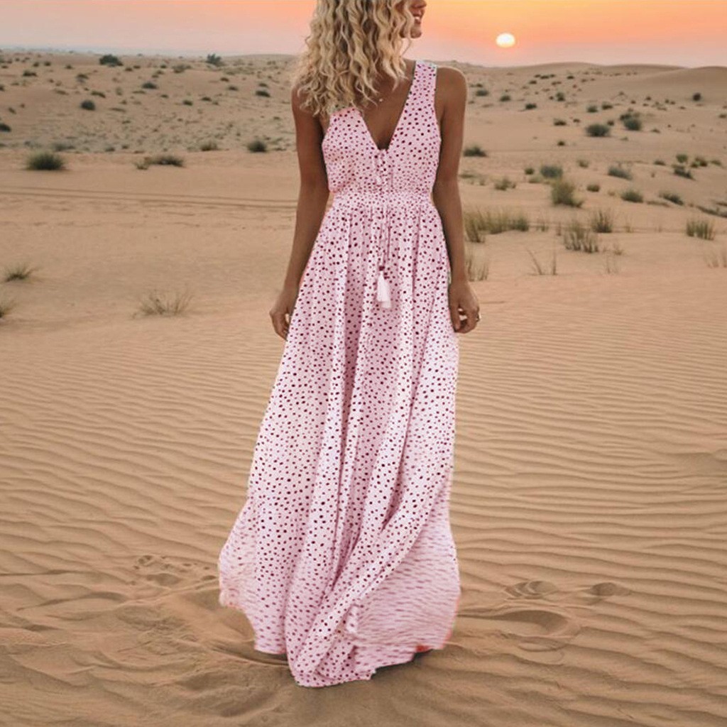 Women Sleeveless Polka Dots Boho Maxi Dress Cocktail Party Summer Beach Sundress