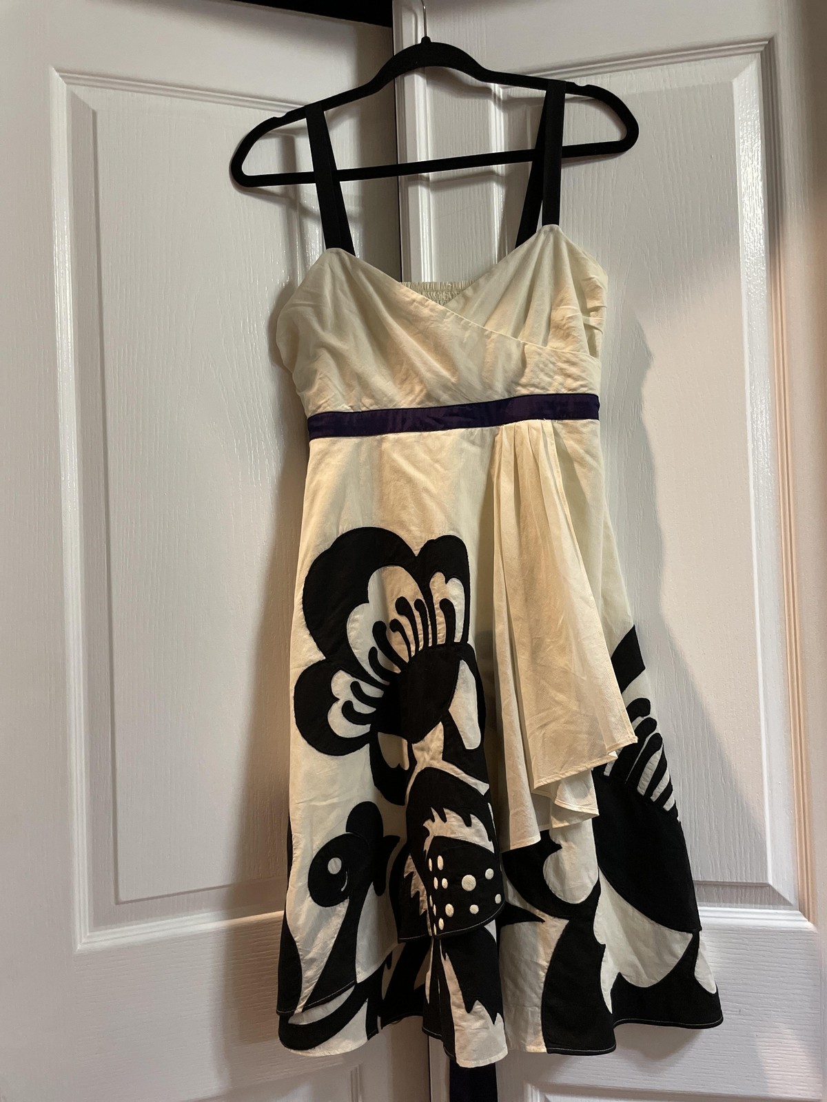 Floreat Dress Womens 6 Ivory Black Floral Applique Smocked Purple Sash Sundress