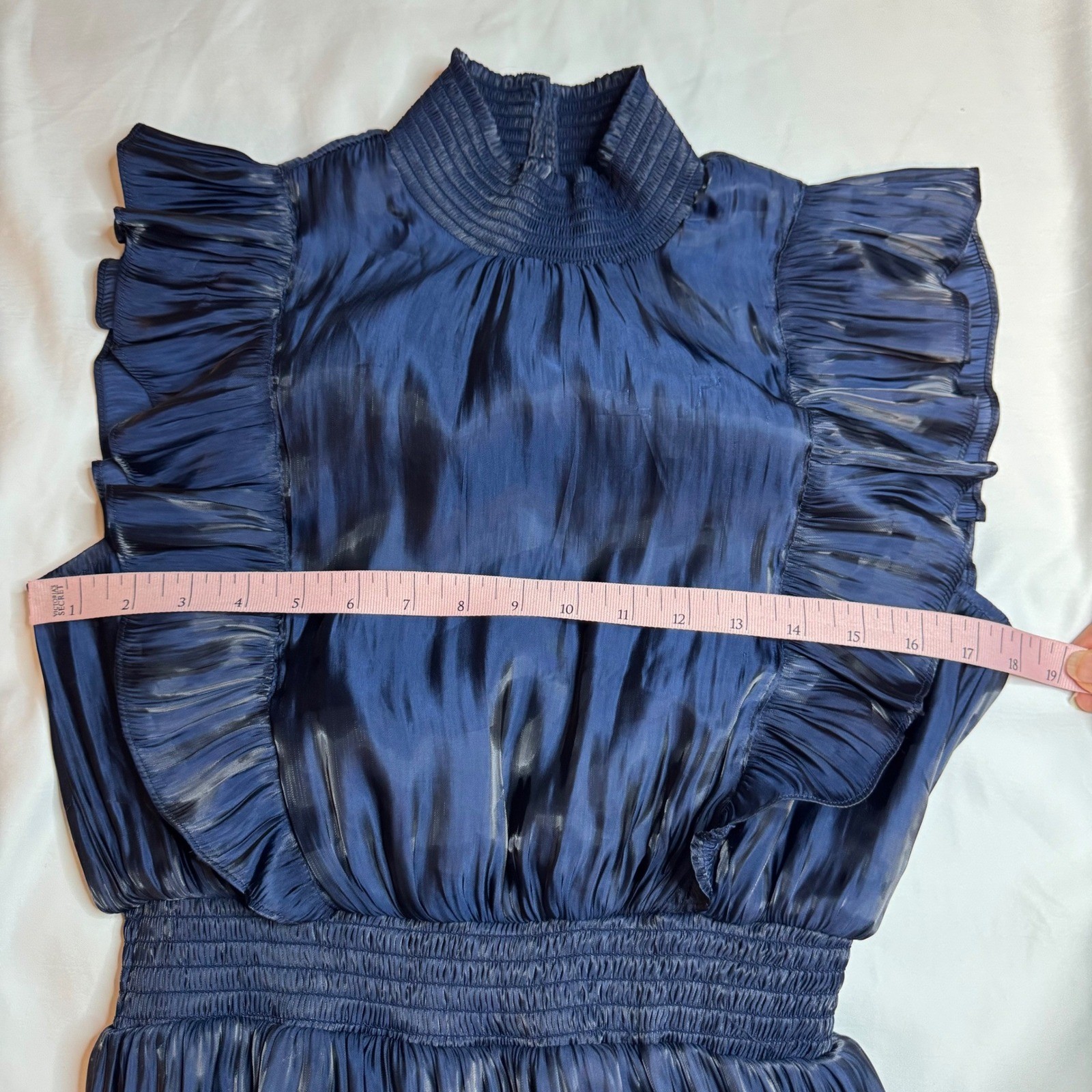Lulus Navy Blue Satin Ruffle Tiered Maxi Dress Smocked Waist High Neck Small