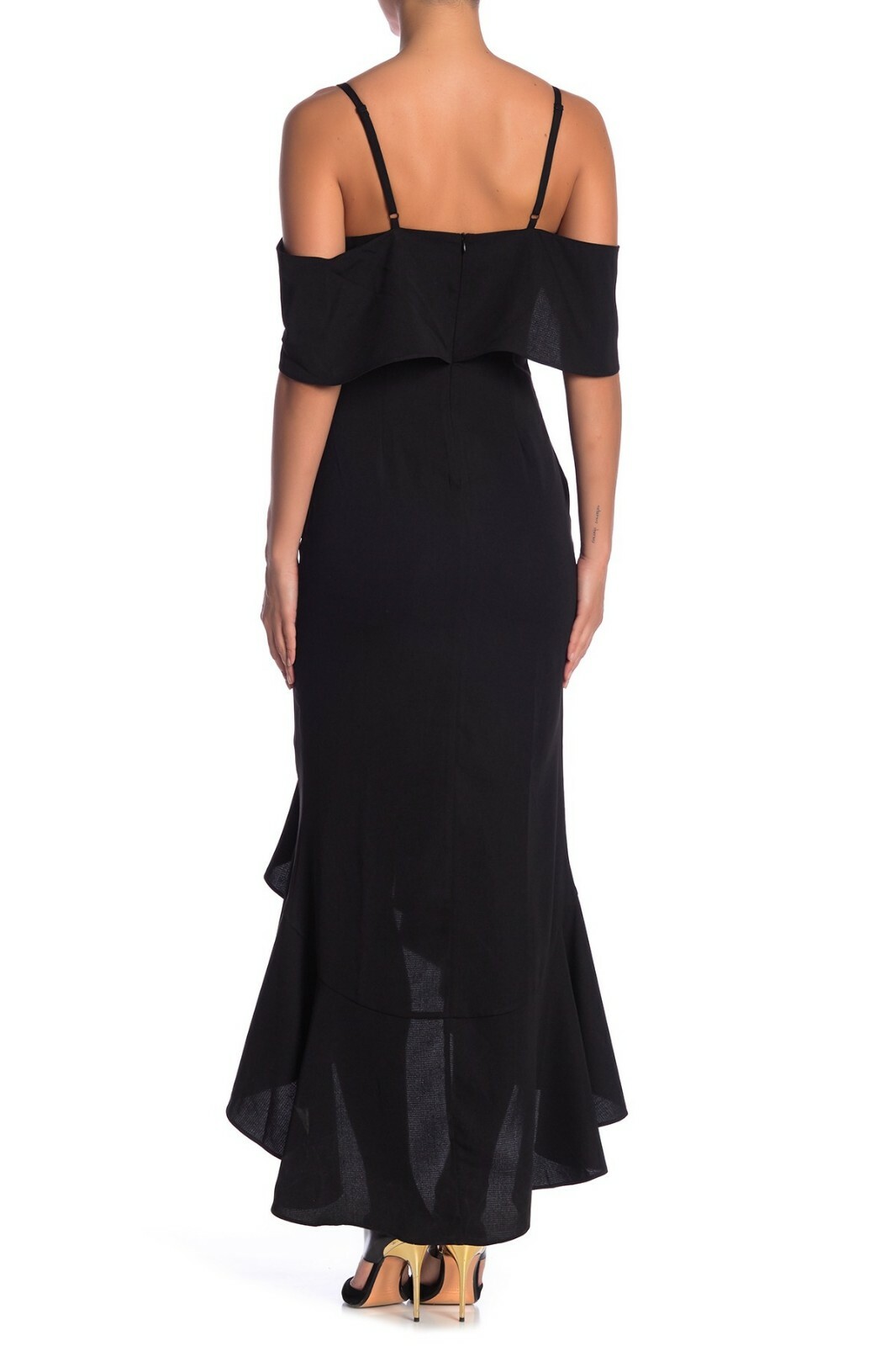 GRACIA Black Ruffle Cold Shoulder Tie Front Asymmetric Midi Cocktail Dress S 4/6