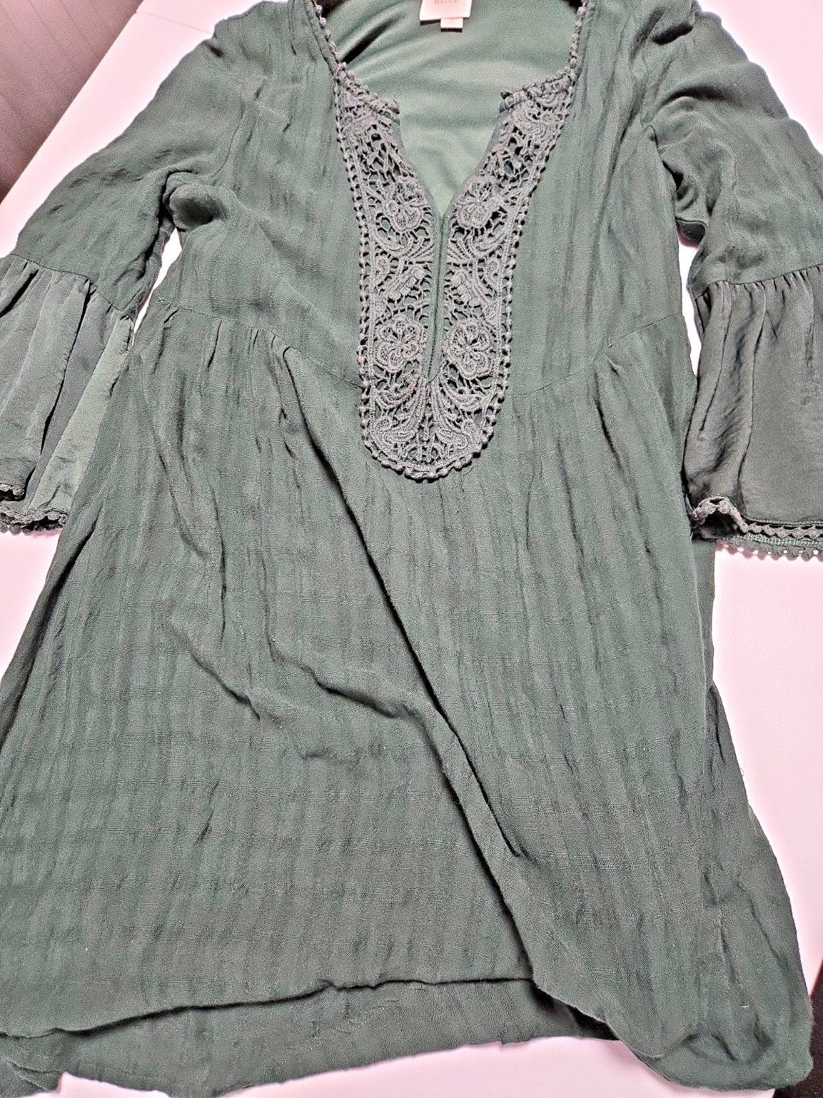 Knox Rose Womens Dark Green Boho Dress Size S Crochet Accents 3/4 Sleeve Cute!