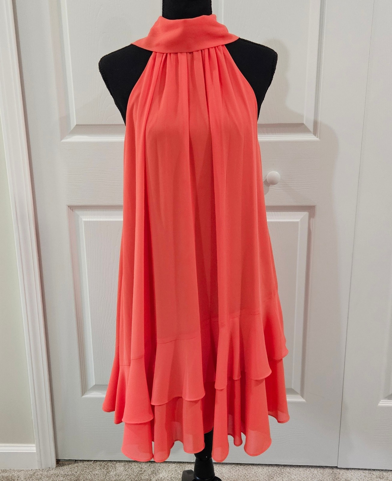 Belle Badgley Mischka Coral Mock Neck Trapeze Dress Flounce Sz 2 NWT