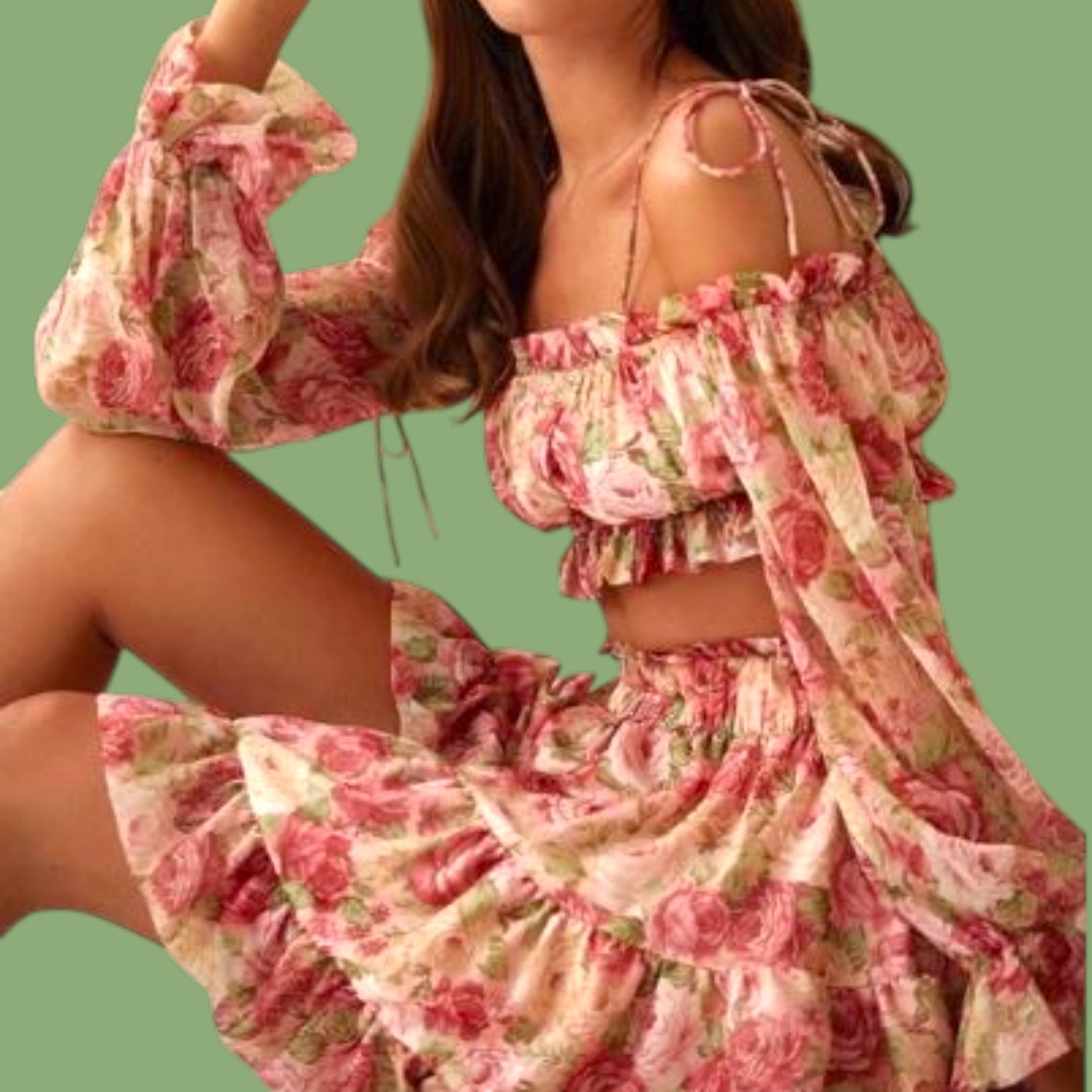 ALAMOUR THE LABEL 2 Pc Flare Skirt Crop Top Shailee Dress Set XXS pink rose 4E