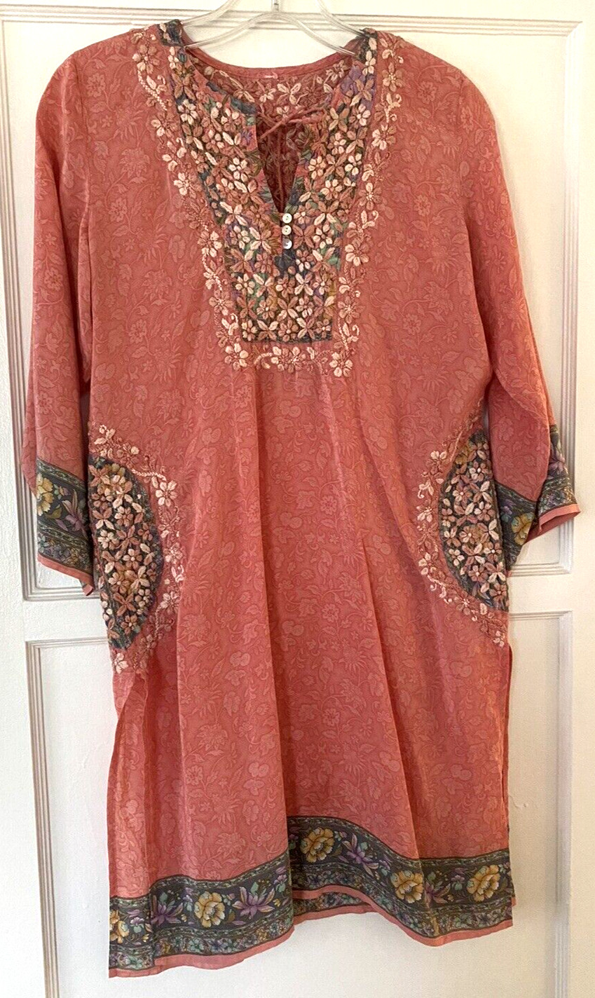 Handmade Embroidered Tunic Dress Ornate Floral One Of A Kind 3/4 Sleeve Size M