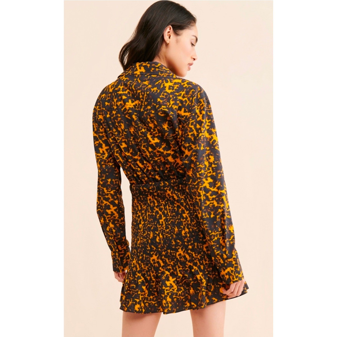 Third Form Womens US 2 XS Orange Black Blur Out Shirred Mini Dress Smocked Waist