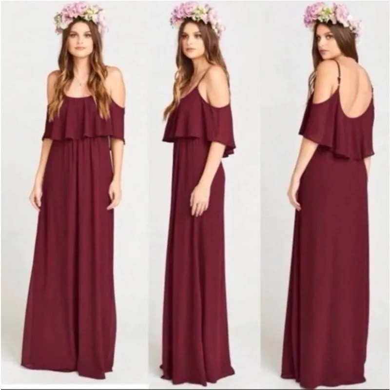 Show Me Your MuMu Maxi Dress Burgundy L Scoop Neck Ruffle Lined Chiffon